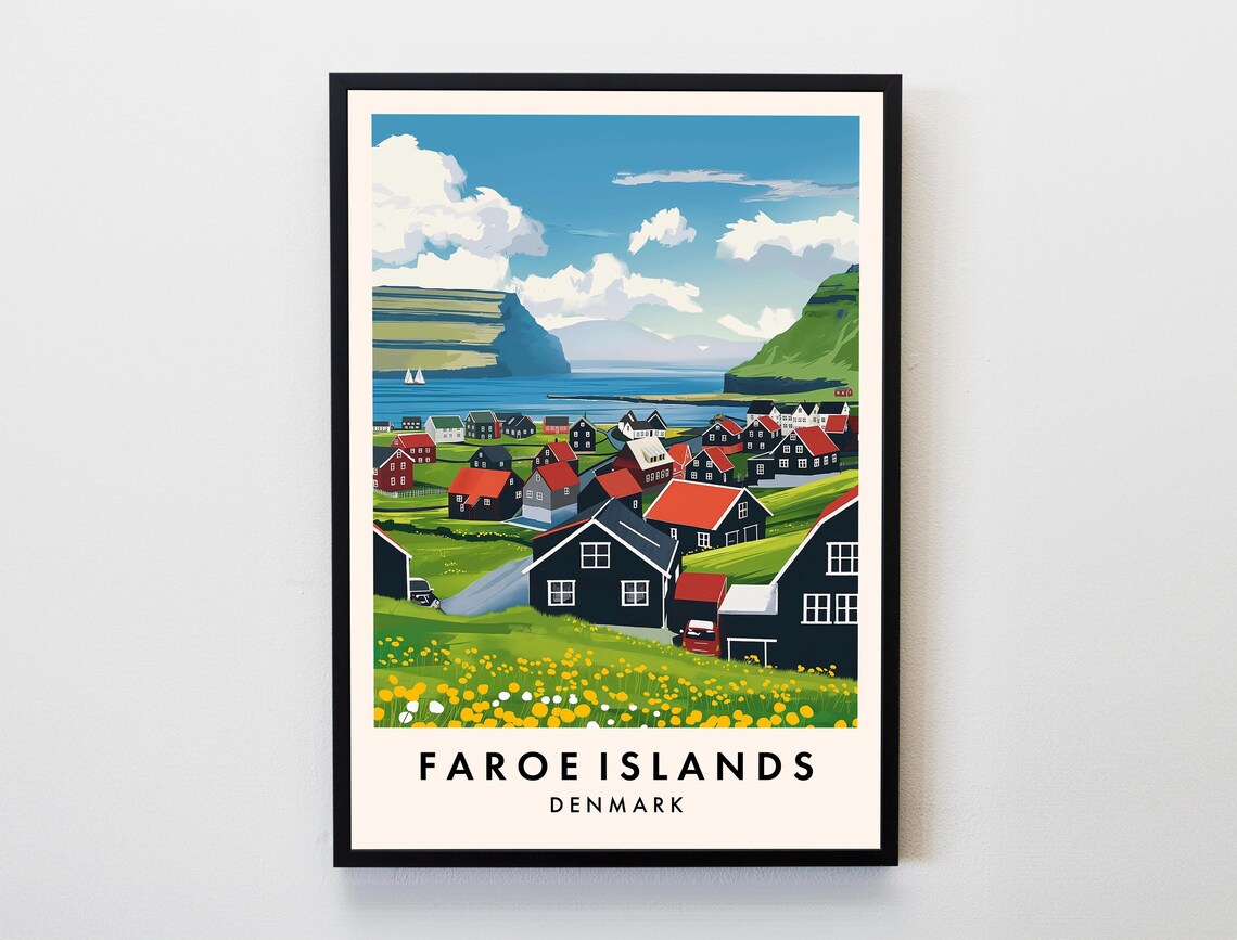 Faroe Islands Denmark Colorful Village Green Hills Fjord Poster