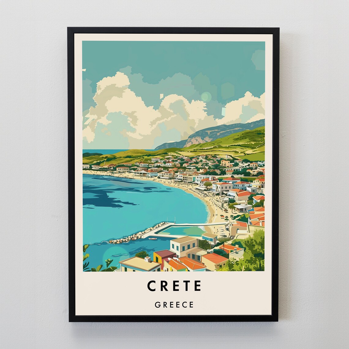 Crete Greece Vintage Travel Poster Beach Bay Coastal Town View