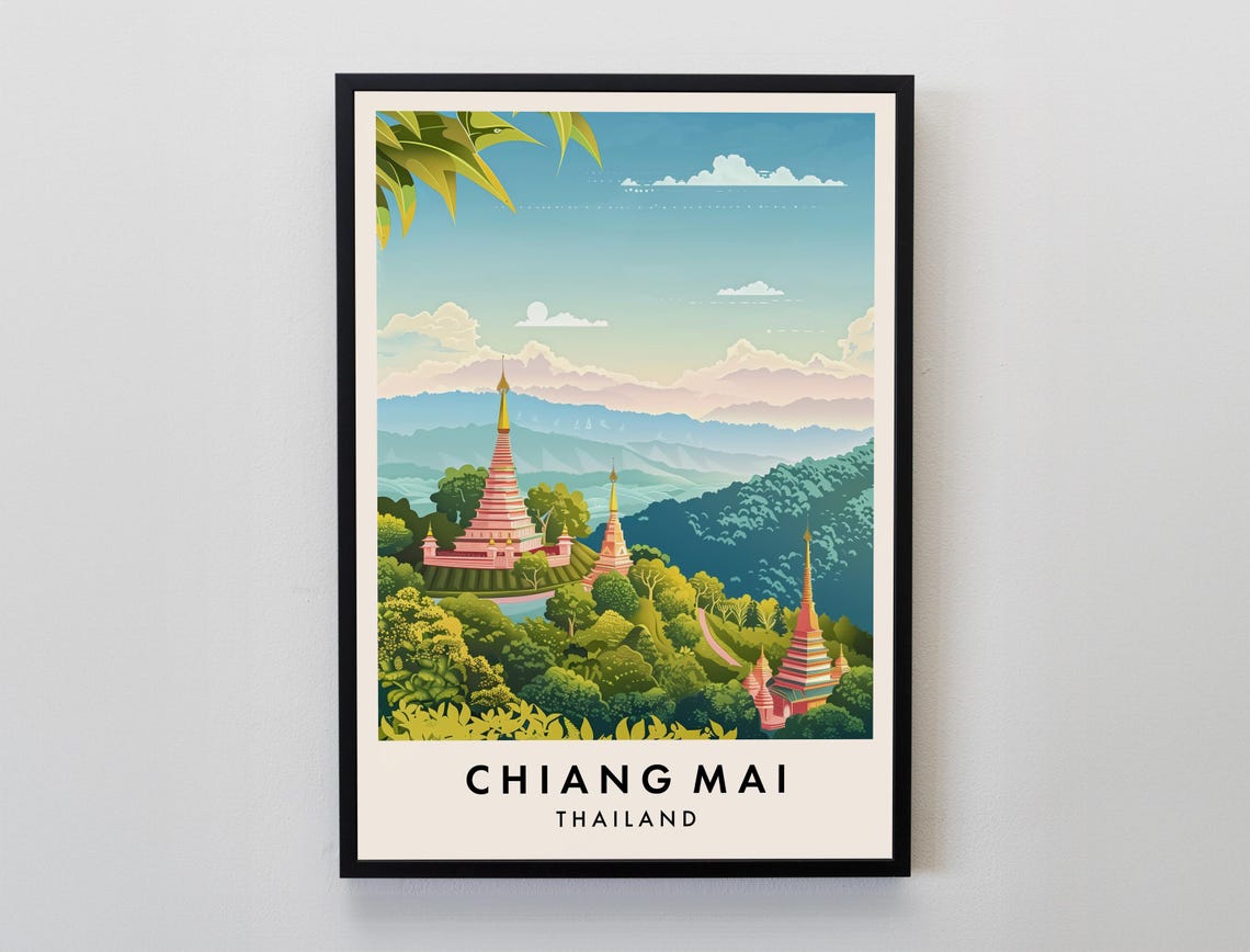 Chiang Mai Thailand Mountain Temples Vintage Illustration Poster