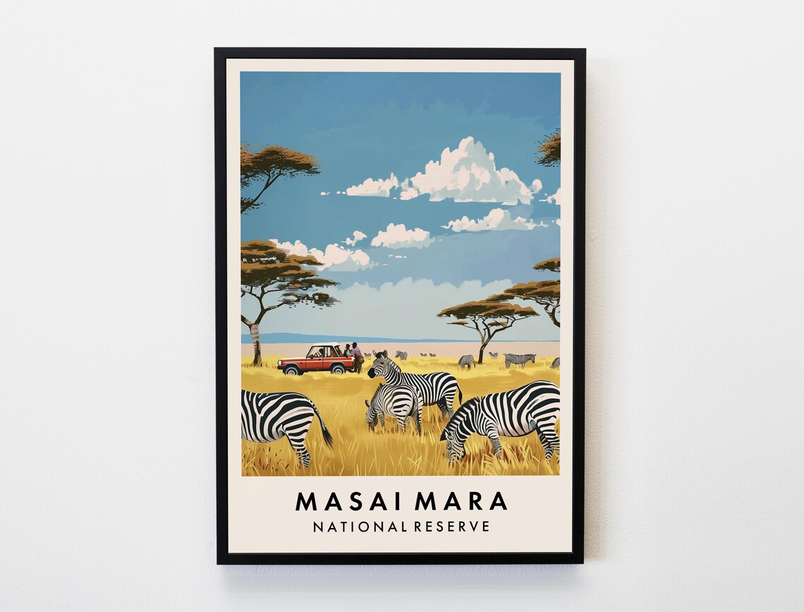 Masai Mara Zebras Safari Jeep Golden Savannah Kenya Travel Poster