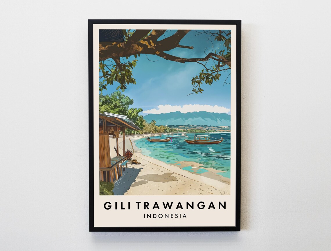 Gili Trawangan Indonesia Beach Boats Tropical Island Travel Art Poster