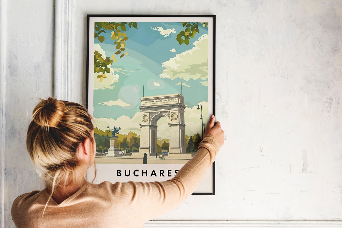 Bucharest Romania Arcul de Triumf Travel Poster on a Sunny Boulevard - Image 2