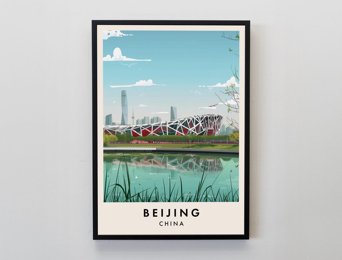 Beijing China Bird's Nest Olympic Stadium Skyline Travel Poster