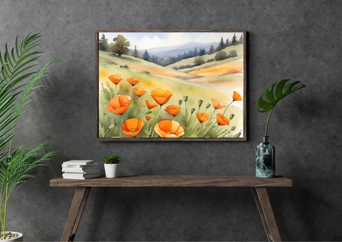 California Poppy Painting Orange Poppies Meadow Watercolor Art Print California Landscape Art Field Of Wildflowers Wall Art Poppies Poster - Image 2