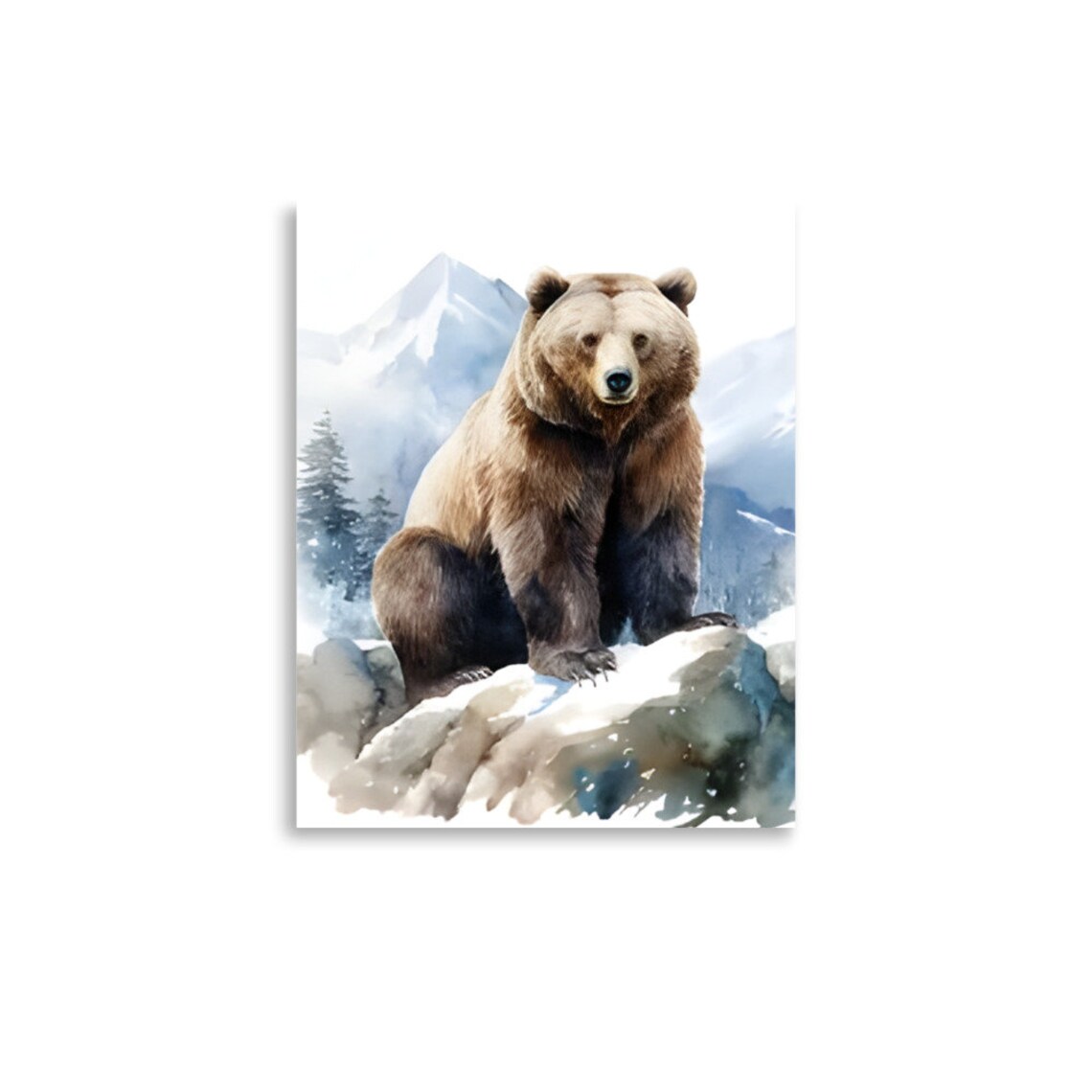 Grizzly Bear Sitting On Rocky Outcrop Watercolor Wildlife Art Poster - Image 2