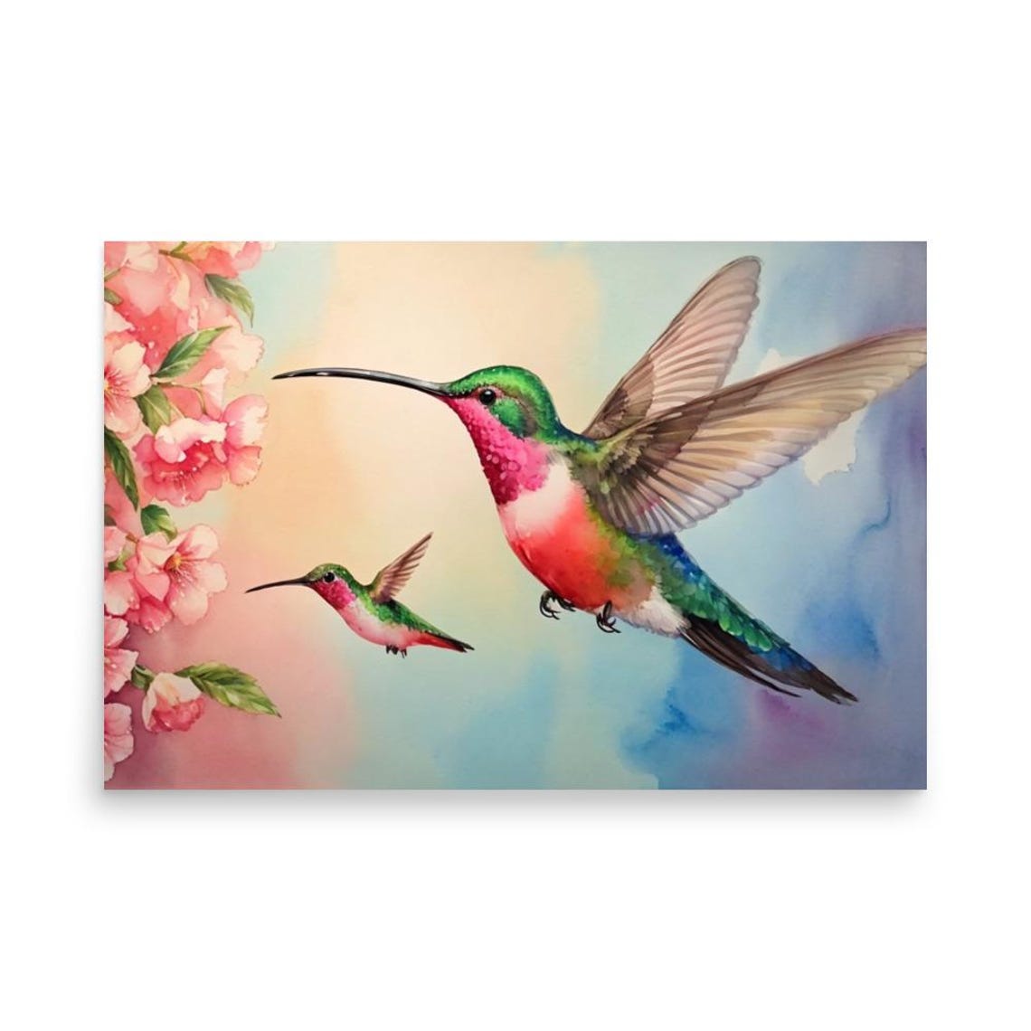 Hummingbirds And Flowers Painting Birds Watercolor Art Print Green Red Flying Birds Wall Art Blossomed Flowers Art Birds Lovers Gifts - Image 2