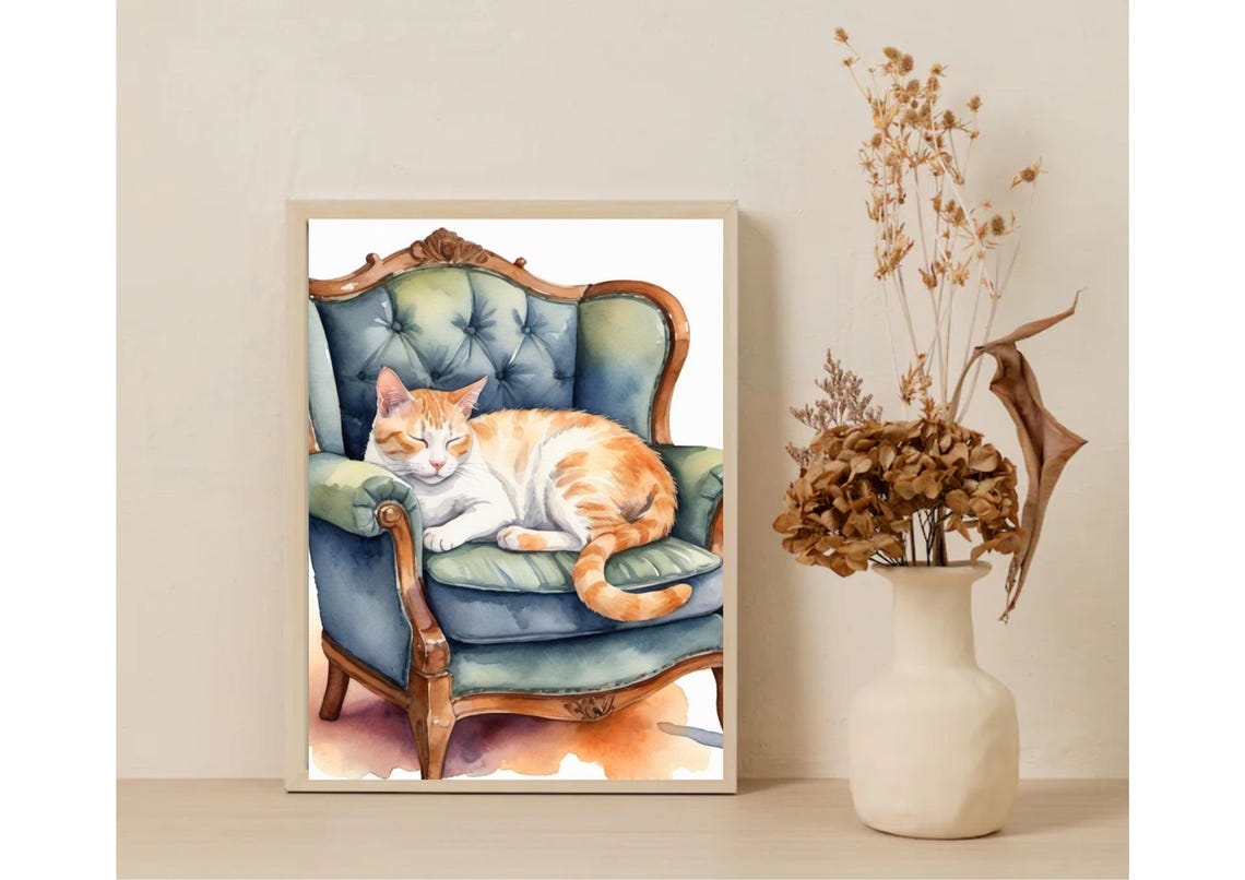 Cat Painting Ginger Cat Sleeping On An Armchair Watercolor Art Print Pet Portreit Wall Art Animal Artwork Animal Lovers Gifts - Image 6