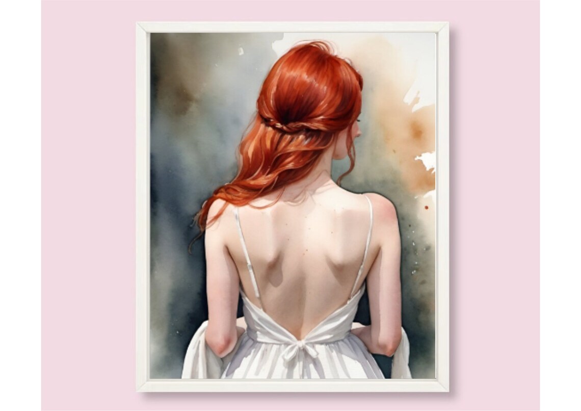 Red Haired Woman Back Portrait White Dress Watercolor Art Poster - Image 6