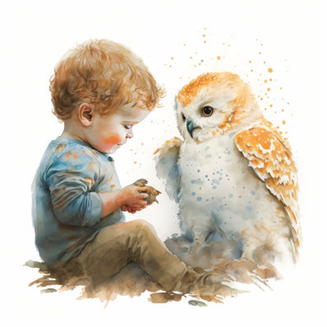 Child And White Owl Watercolor Painting Little Boy With Owl Art Print Child With Bird Wall Art Pet Portrait Print Nursery Wall Art Bird Art - Image 5