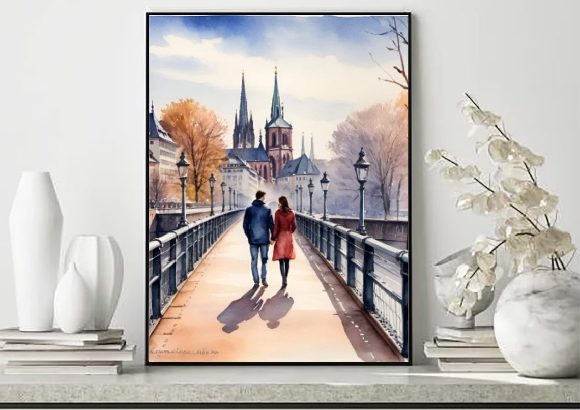 Frankfurt Couple Bridge Cathedral Skyline Watercolor City Poster - Image 5