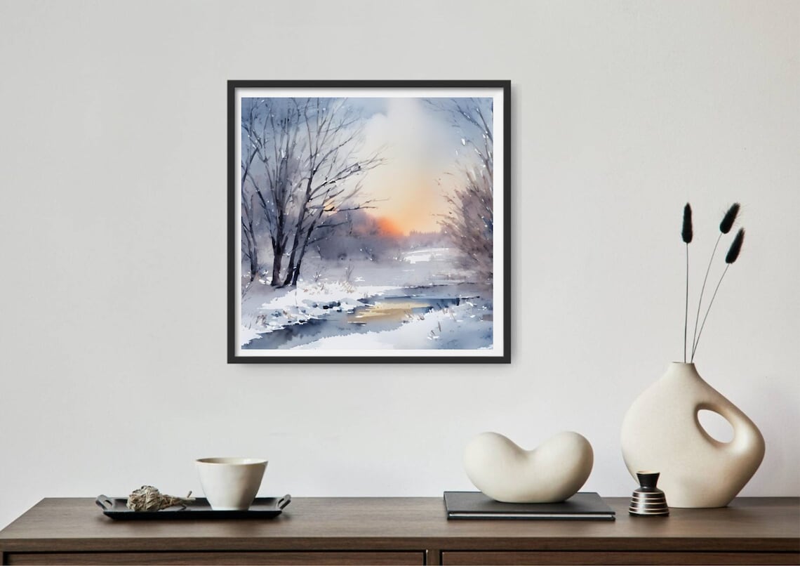 Winter Sunrise Glowing Through Foggy Forest Stream Watercolor Poster - Image 4