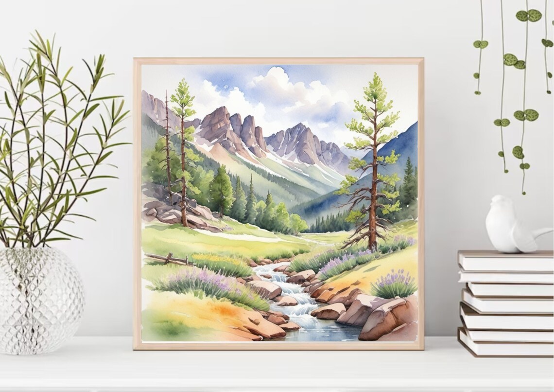 Rocky Mountains Mountain River Watercolor Wall Art Print - Image 3