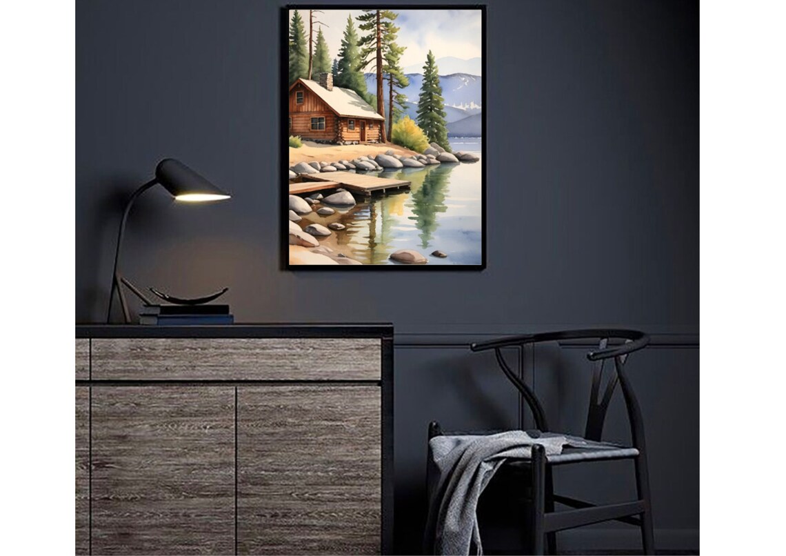 Forest Cabin Painting Tahoe Lake Watercolor Art Print California Mountain Forest Landscape Wall Art Pine Trees Art Watercolor Mountain Lake - Image 3