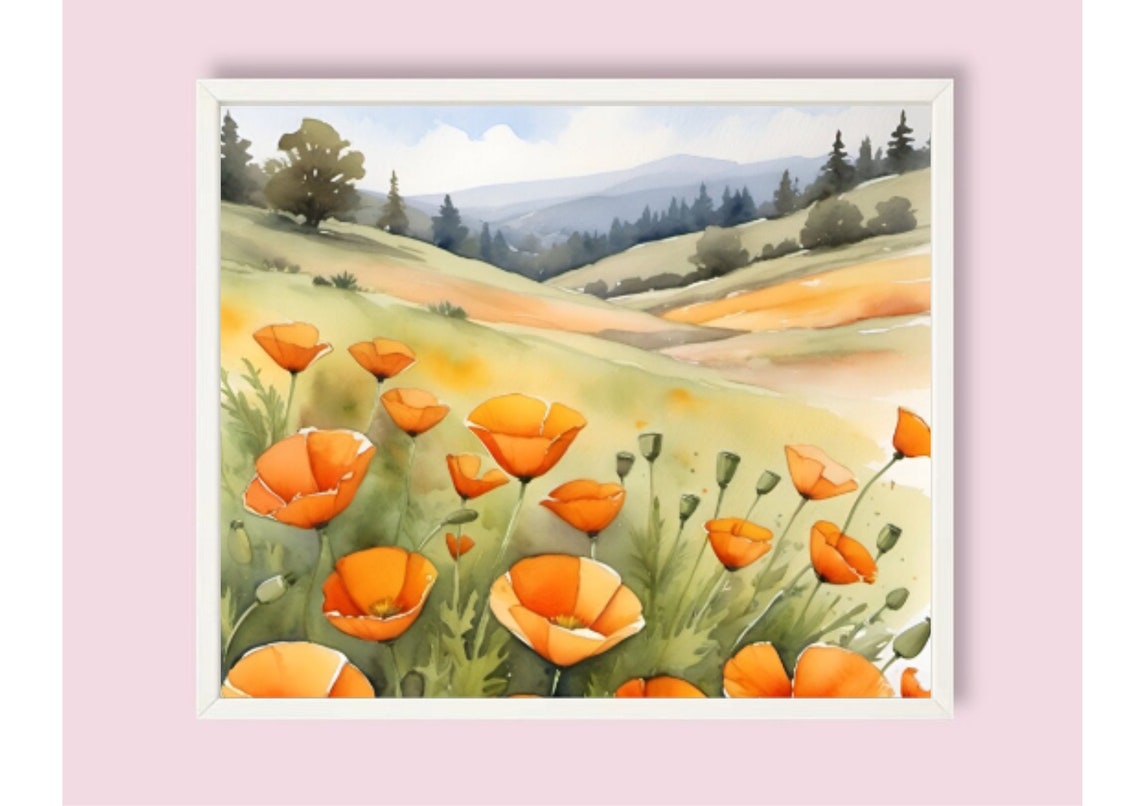 California Poppy Painting Orange Poppies Meadow Watercolor Art Print California Landscape Art Field Of Wildflowers Wall Art Poppies Poster - Image 6
