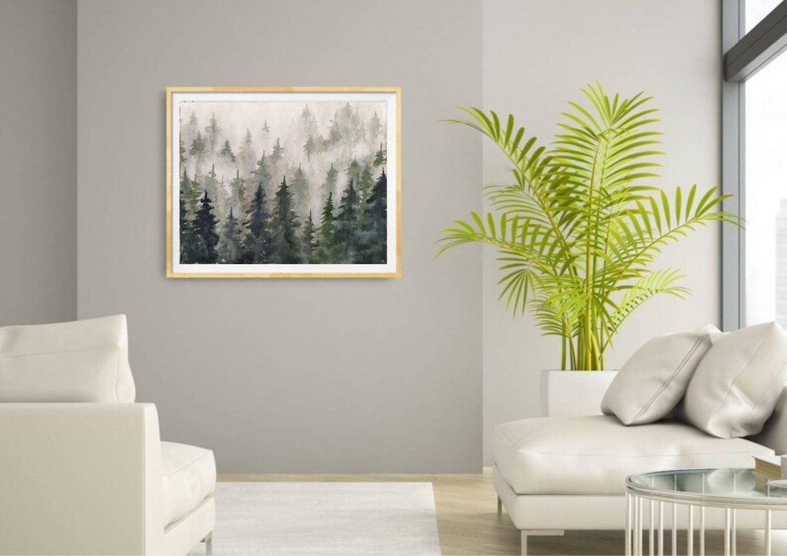 Fog Shrouded Pine Forest Treetops Watercolor Nature Art Print - Image 2