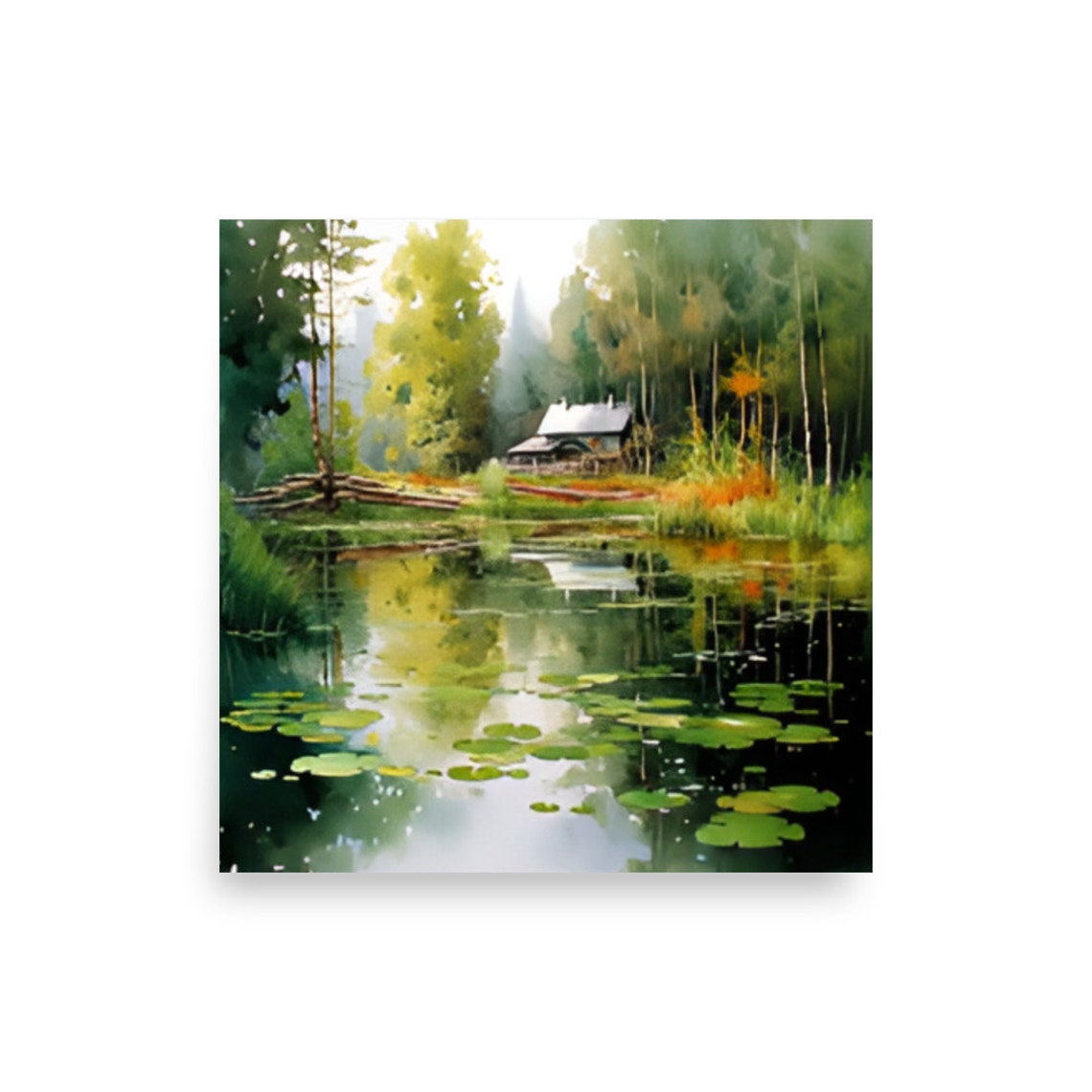 Forest Lake Cabin Reflections Lily Pads Peaceful Watercolor Poster - Image 2