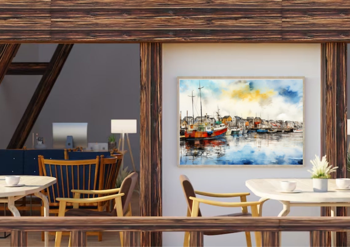 Scandinavian Fishing Village Painting Fishing Ships Watercolor Art Print Harbor Wall Art Scandinavian Houses Art Panoramic Sea Port Painting - Image 2