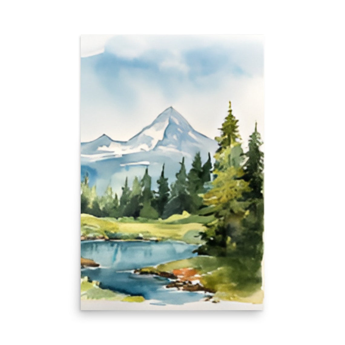 Snowy Mountain Peak Watercolor With Pines and a Quiet River Poster - Image 2