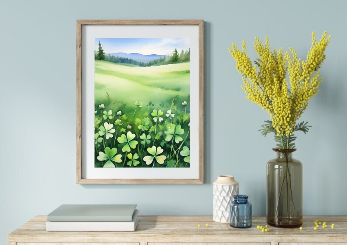 Clover Meadow White Blossoms Rolling Green Hills Watercolor Poster - Image 3