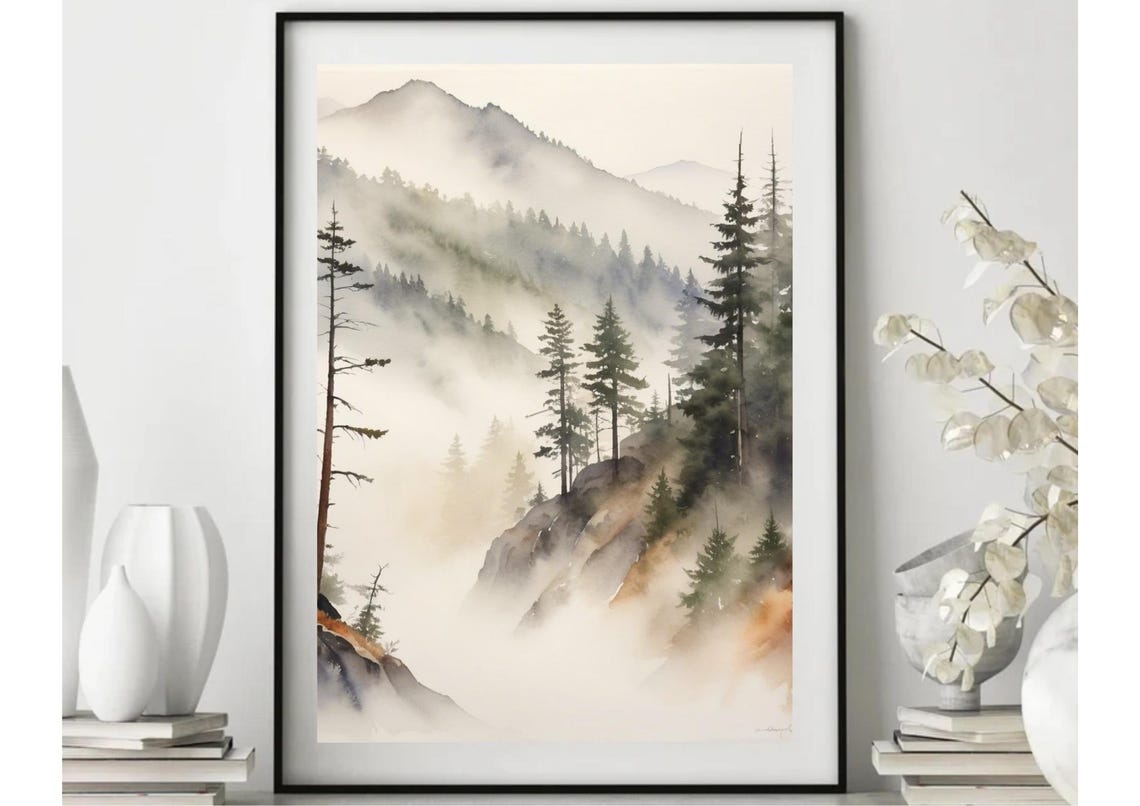 Appalachian Mountains Painting Smoky Mountains Landscape Watercolor Art Print Foggy Pine Forest Wall Art Earthly Tones Misty Nature Art - Image 3