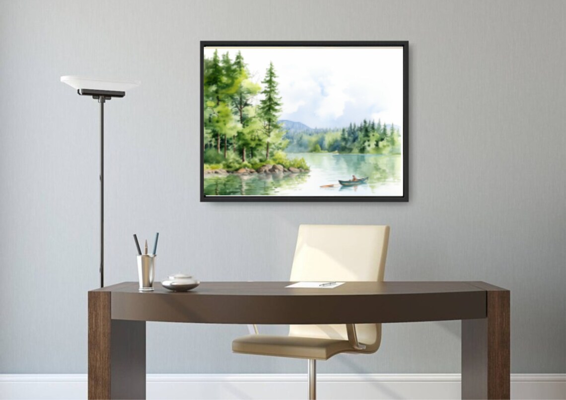 Rowboat on a Calm Green Lake Watercolor Forest Landscape Poster - Image 5