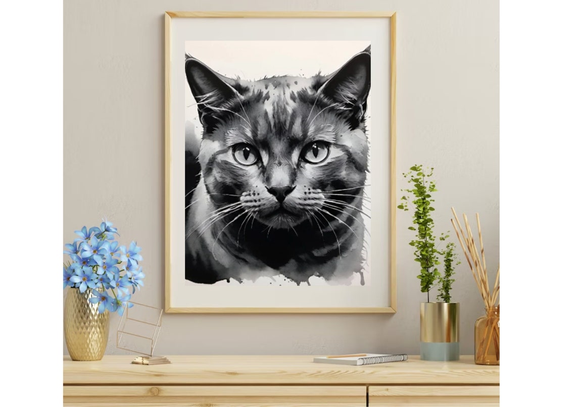 Cat Painting Cat Portrait Watercolor And Ink Art Print Cat Sketch Pet Portrait Drawing Black And White Wall Art Animal Sketch Poster - Image 4