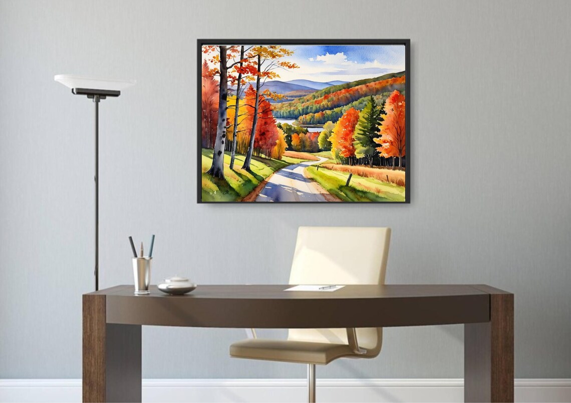 Country Road Winding Through A Fiery Autumn Forest Watercolor Poster - Image 4