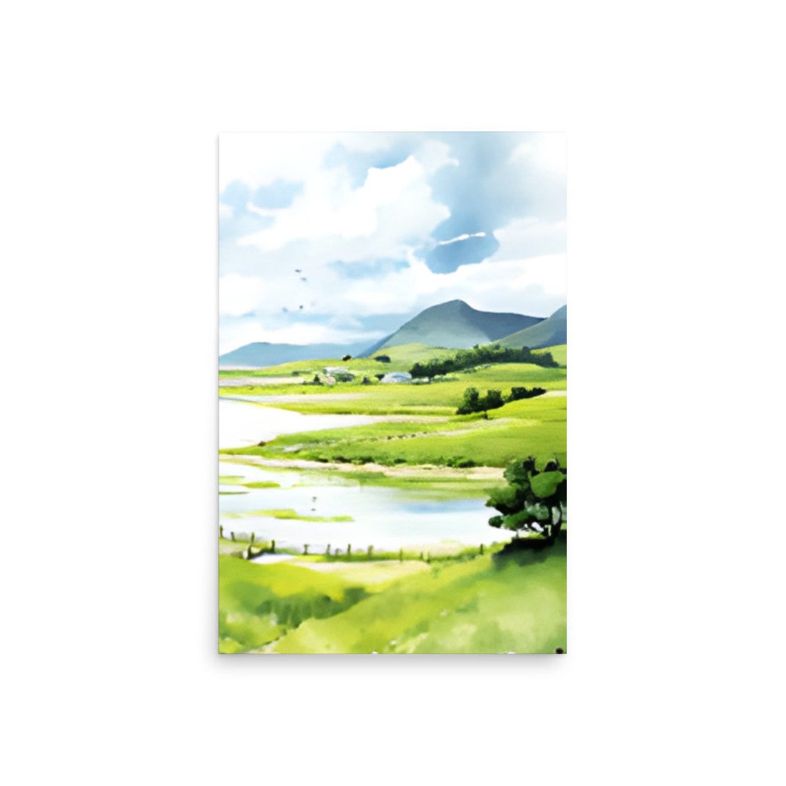 Sunlit Green Meadow River And Hills Watercolor Landscape Wall Art - Image 2