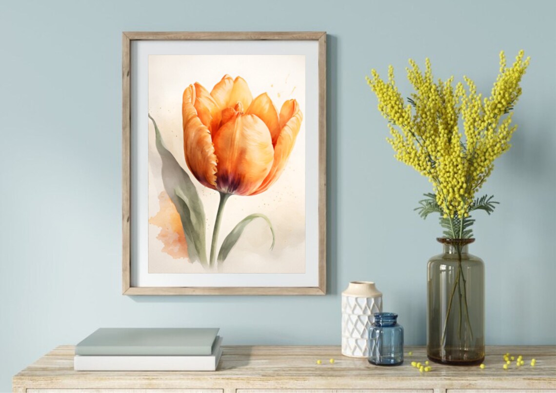 Orange Tulip Watercolor Botanical Flower Single Bloom Close Up Poster - Image 5