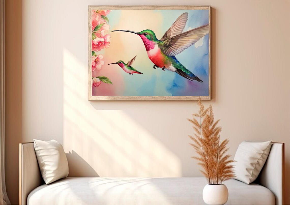 Hummingbirds And Flowers Painting Birds Watercolor Art Print Green Red Flying Birds Wall Art Blossomed Flowers Art Birds Lovers Gifts - Image 5