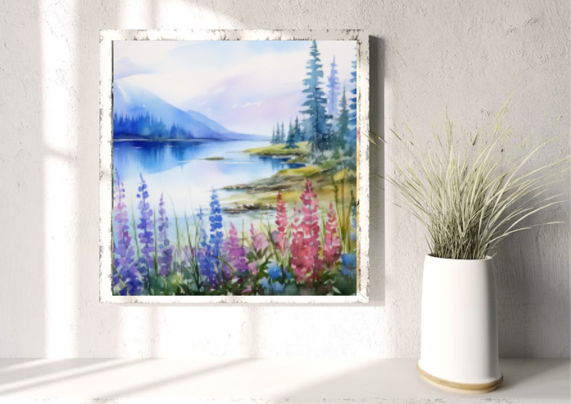 Mountain Lake Watercolor With a Spring Wildflower Meadow Poster - Image 3
