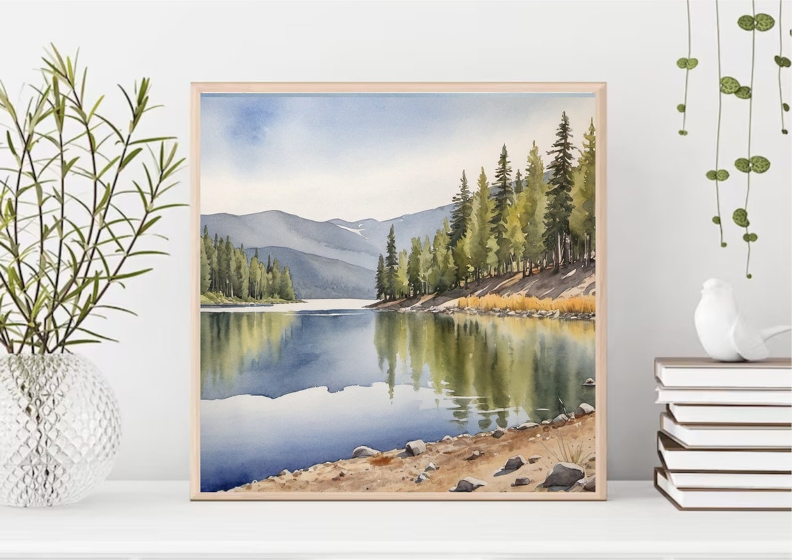 Mountain Lake Pine Forest Reflection Watercolor Idaho Landscape Poster - Image 2