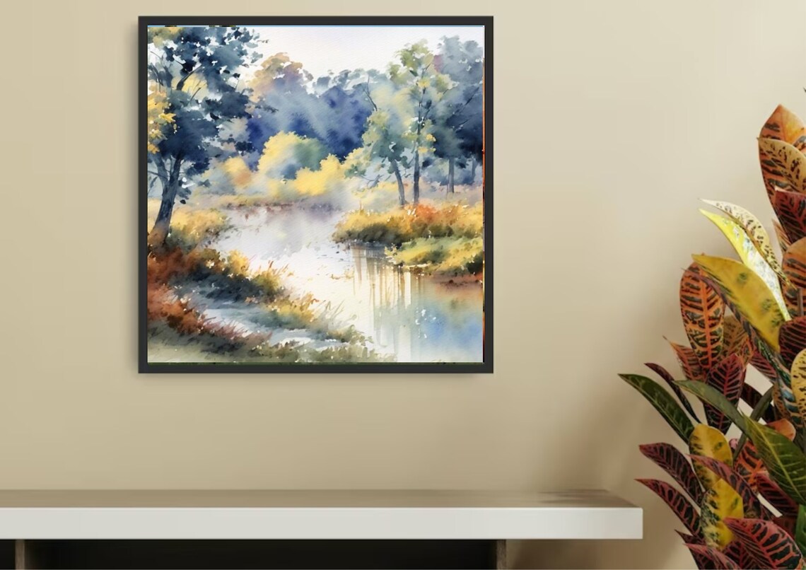 Misty Autumn River Watercolor in Warm Golden Fall Tones Poster - Image 5
