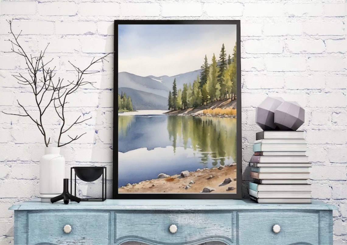 Mountain Lake Pine Forest Reflection Watercolor Idaho Landscape Poster - Image 4