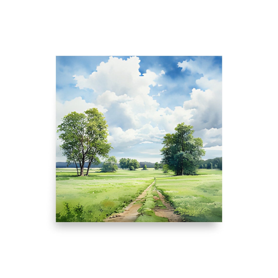Sunny Green Meadow Path Between Two Grand Trees Watercolor Wall Art - Image 2