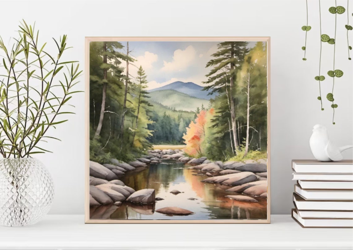 Adirondack Mountain River Evergreen Forest Watercolor Poster - Image 5