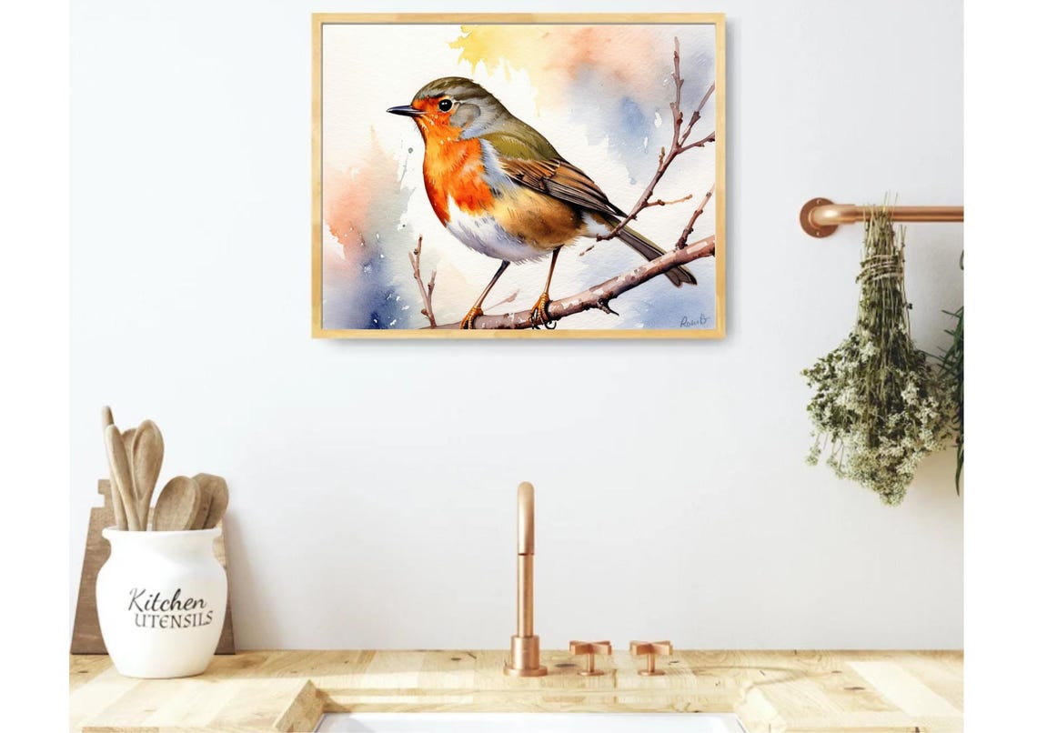 European Robin Perched On A Branch Facing Left Watercolor Poster - Image 5