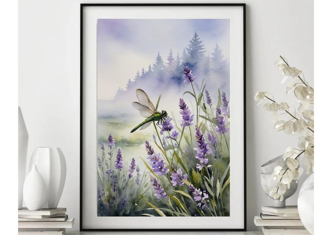 Dragonfly Painting Dragonfly And Lavender Meadow Watercolor Art Print Insect Wall Art Lavender Flowers Art Botanical Poster Floral Artwork - Image 4