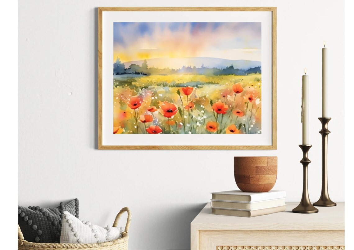 Poppy Field Sunset Watercolor Meadow Art Print - Image 3