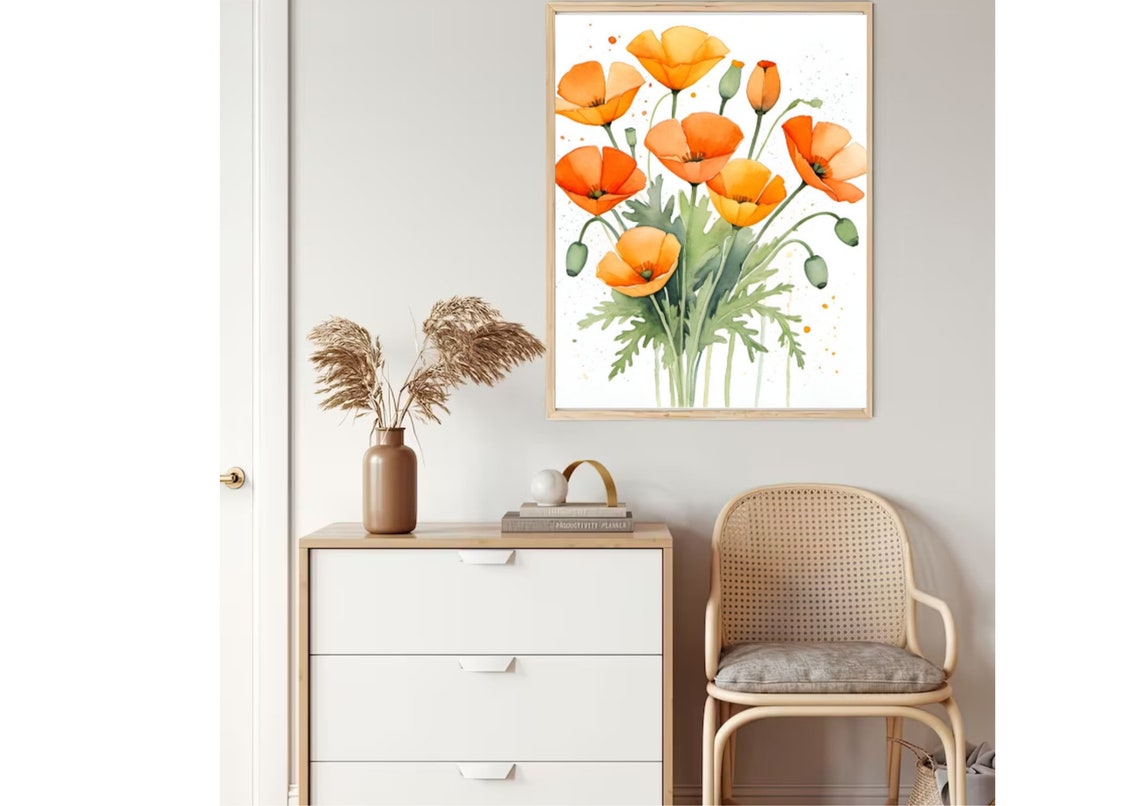 California Poppies Painting Orange Poppies Watercolor Art Print Orange Poppy Flowers Wall Art Watercolor Floral Art Neutral Botanical Art - Image 5
