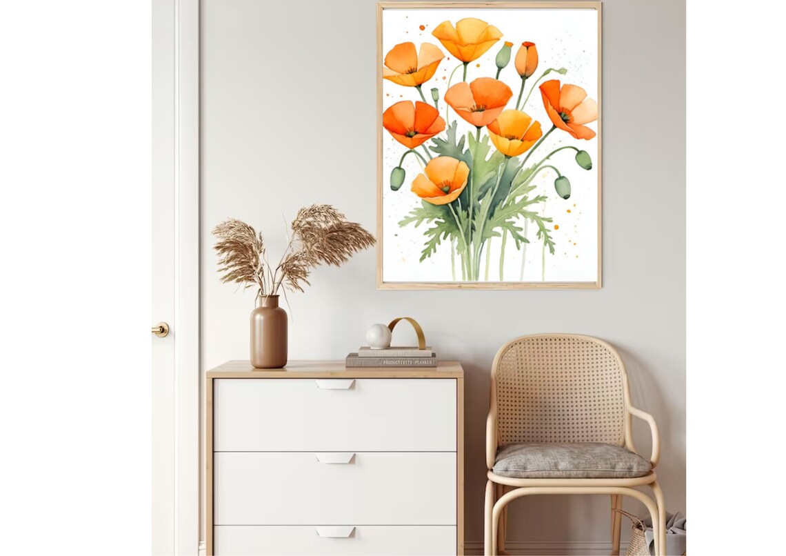 Orange California Poppy Bouquet White Watercolor Floral Poster - Image 5