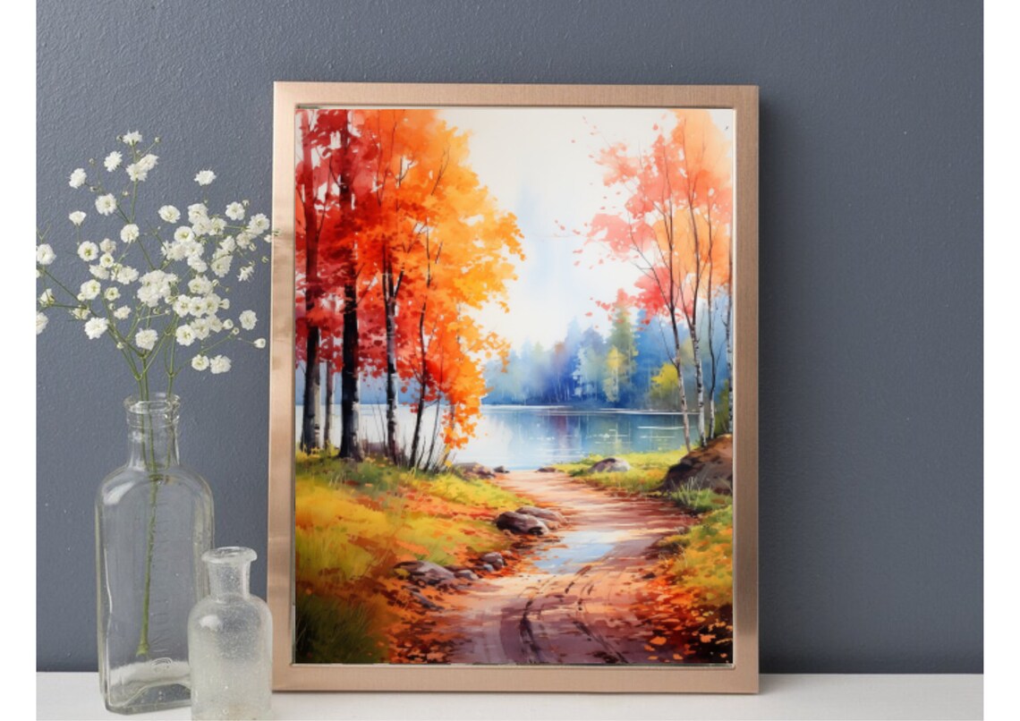 Autumn Lake Forest Watercolor Landscape Art Print - Image 4