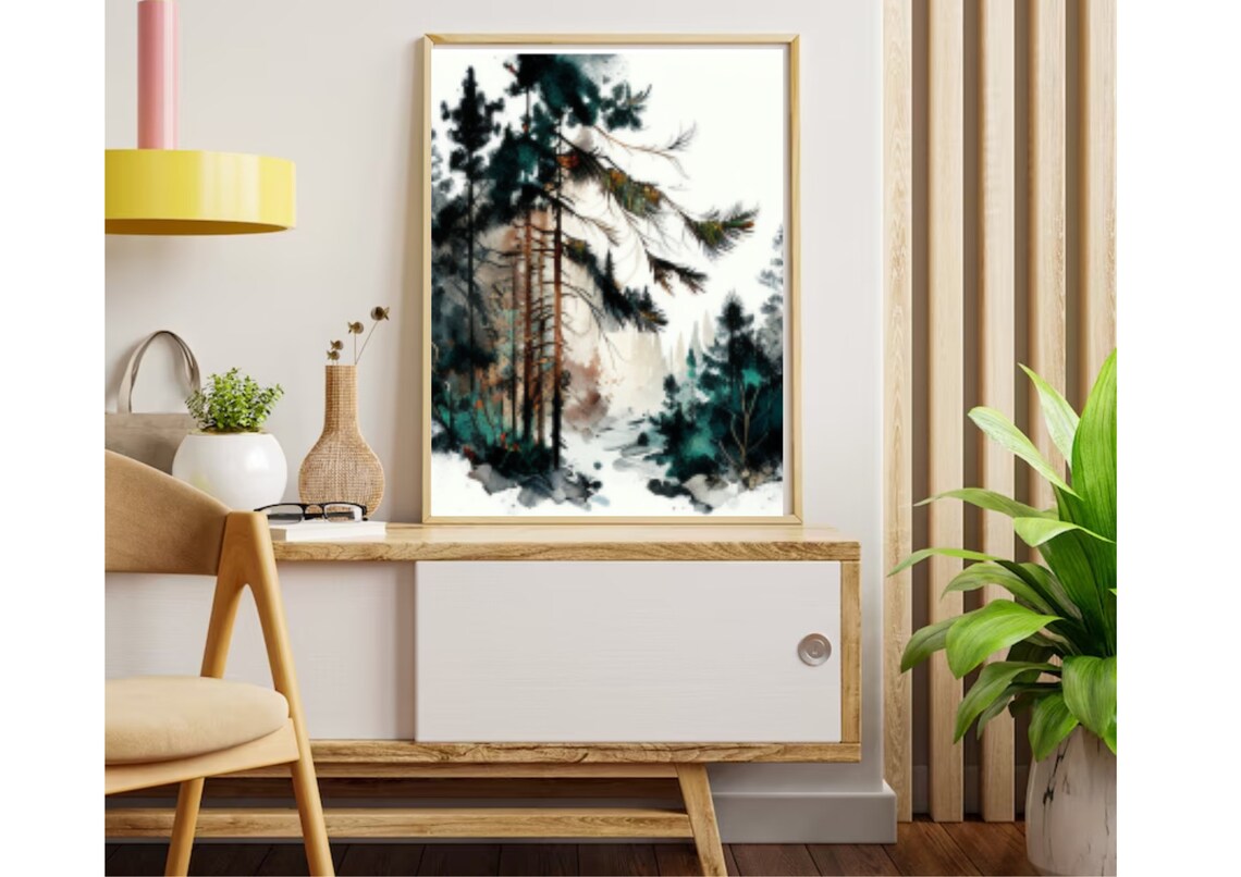 Tall Dark Pine Trees Abstract Ink Watercolor Nature Art Print - Image 4