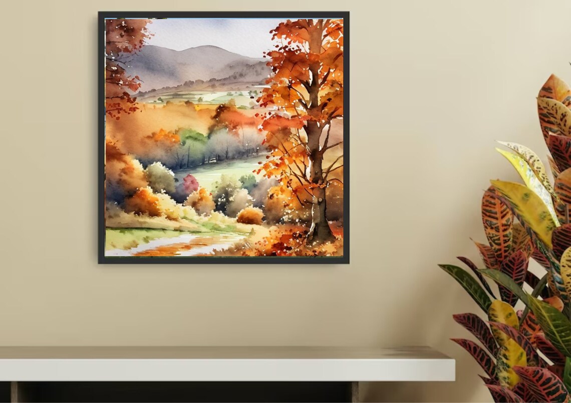 Autumn English Country Landscape Watercolor Art Print - Image 3