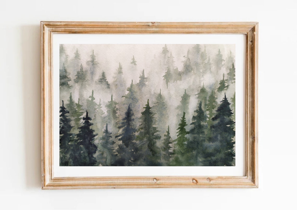 Fog Shrouded Pine Forest Treetops Watercolor Nature Art Print - Image 6