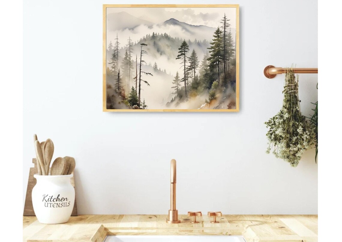 Foggy Evergreen Forest Watercolor Panoramic Mountain Landscape Poster - Image 4