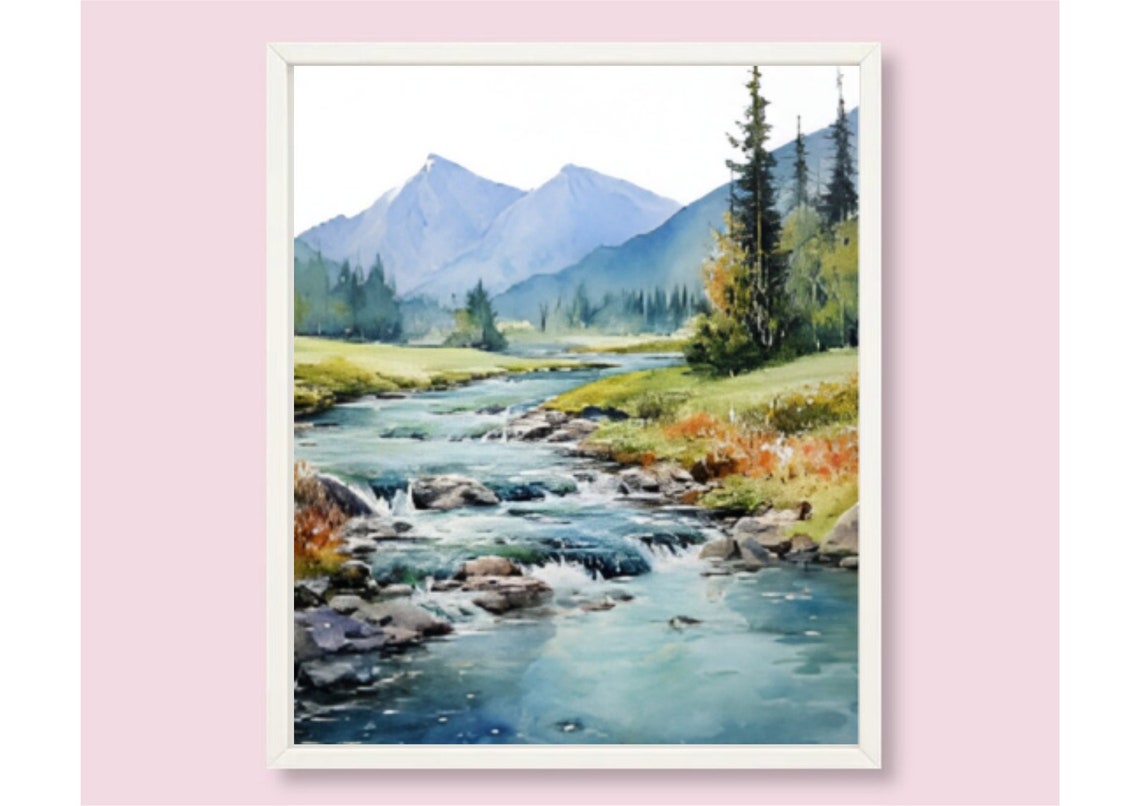 Rocky Mountain River Rushing Through Pine Forest Watercolor Poster - Image 6