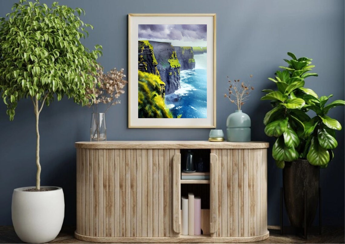 Dramatic Sea Cliffs Blue Ocean Stormy Sky Coastal Watercolor Poster - Image 4