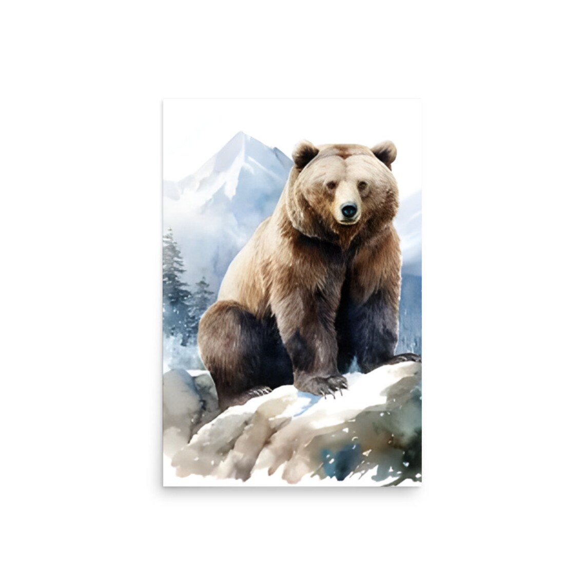 Grizzly Bear Sitting On Rocky Outcrop Watercolor Wildlife Art Poster - Image 4