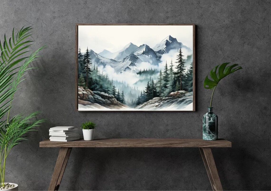 Misty Mountain Peaks Pine Valley Foggy Gray Watercolor Panorama Poster - Image 4
